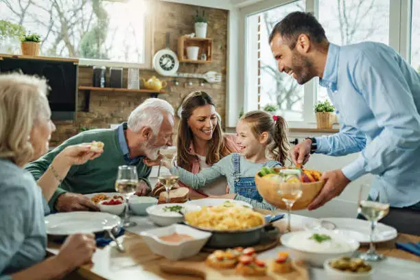 Family sharing a relaxed meal