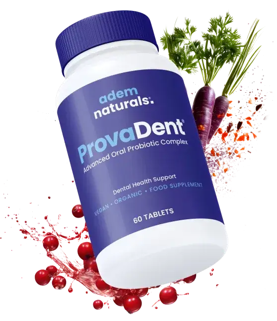 ProvaDent oral probiotic supplement bottle with botanical elements
